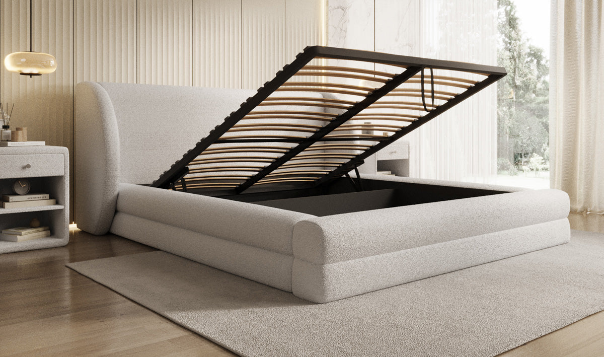 Designer upholstered bed Liv in teddy bouclé with storage space