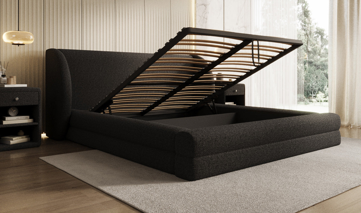 Designer upholstered bed Liv in teddy bouclé with storage space