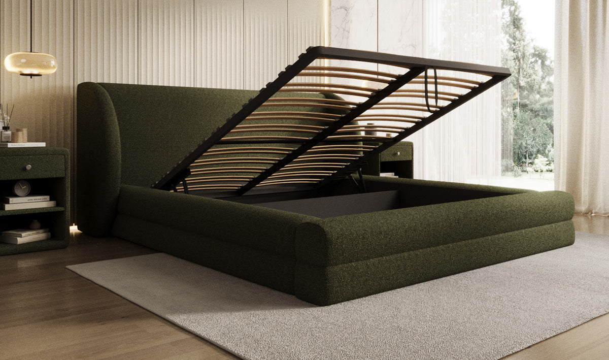 Designer upholstered bed Liv in teddy bouclé with storage space