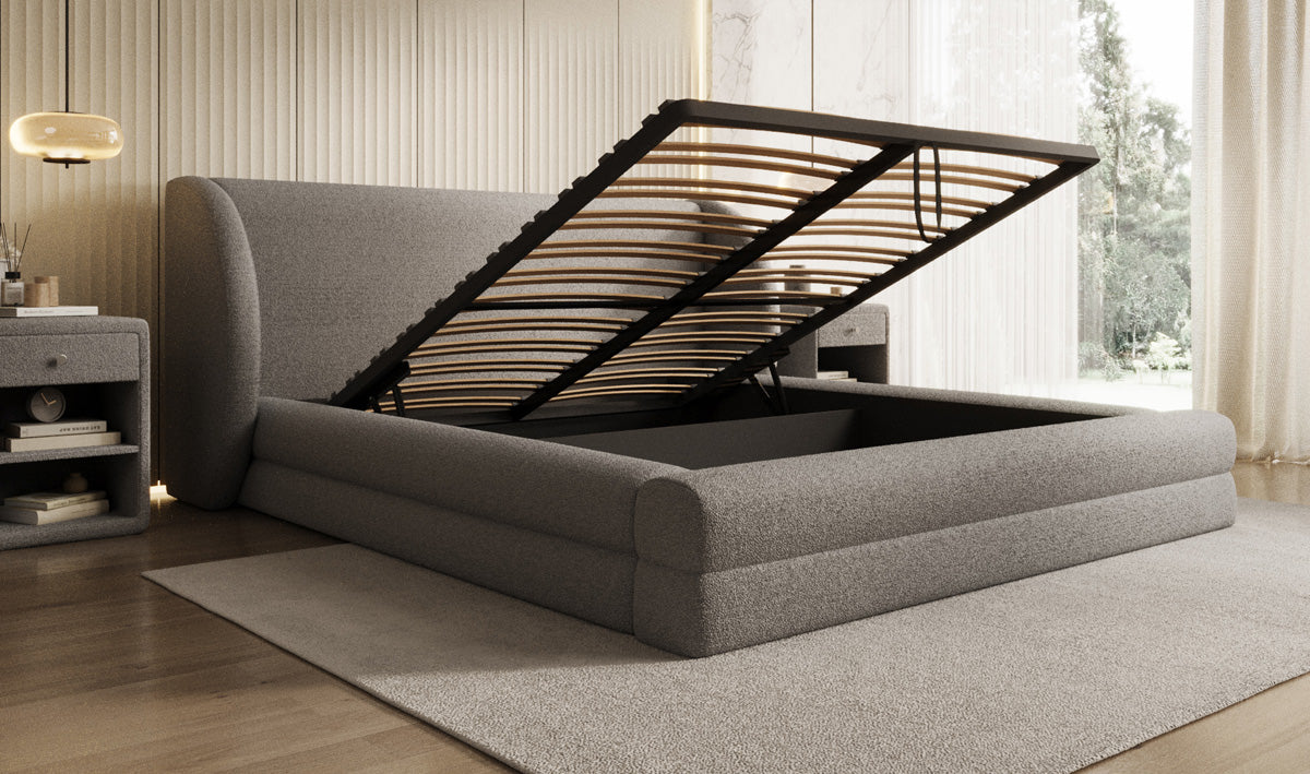 Designer upholstered bed Liv in teddy bouclé with storage space