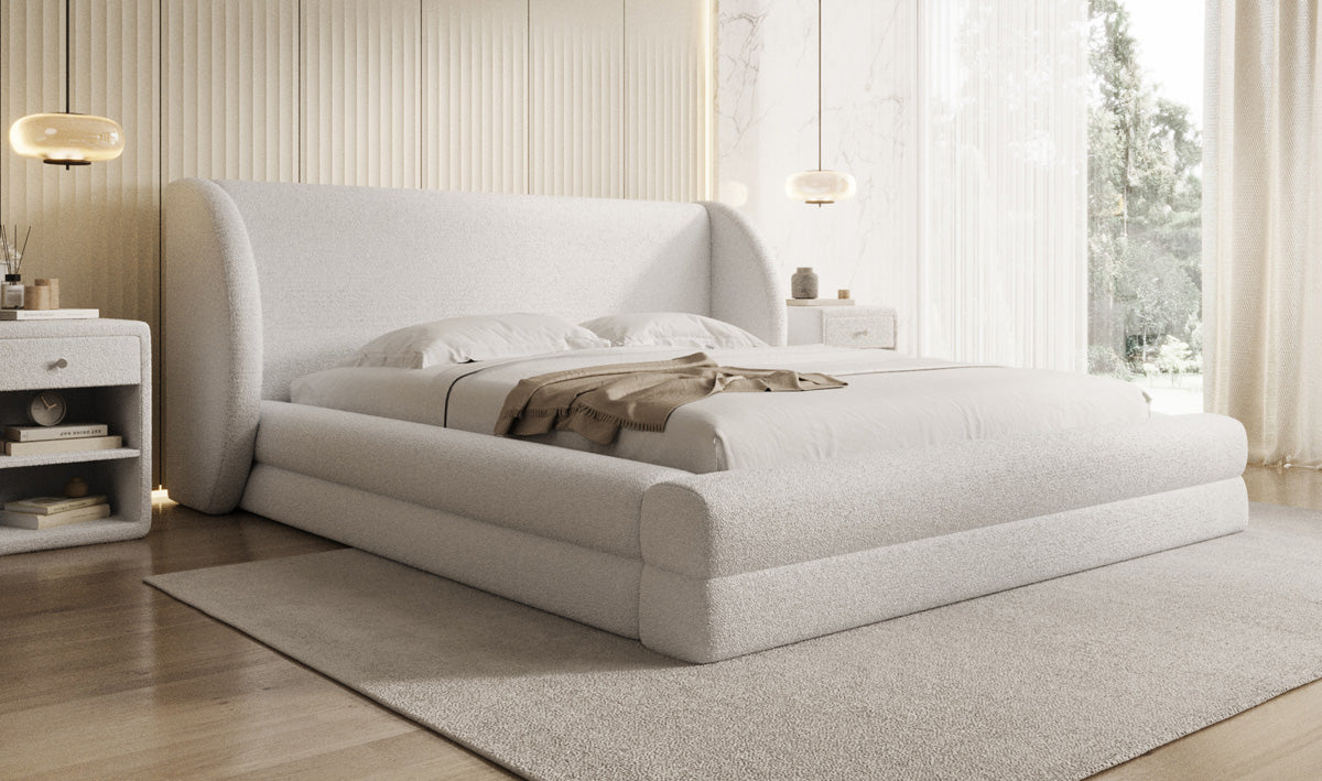 Designer upholstered bed Liv in teddy bouclé with storage space