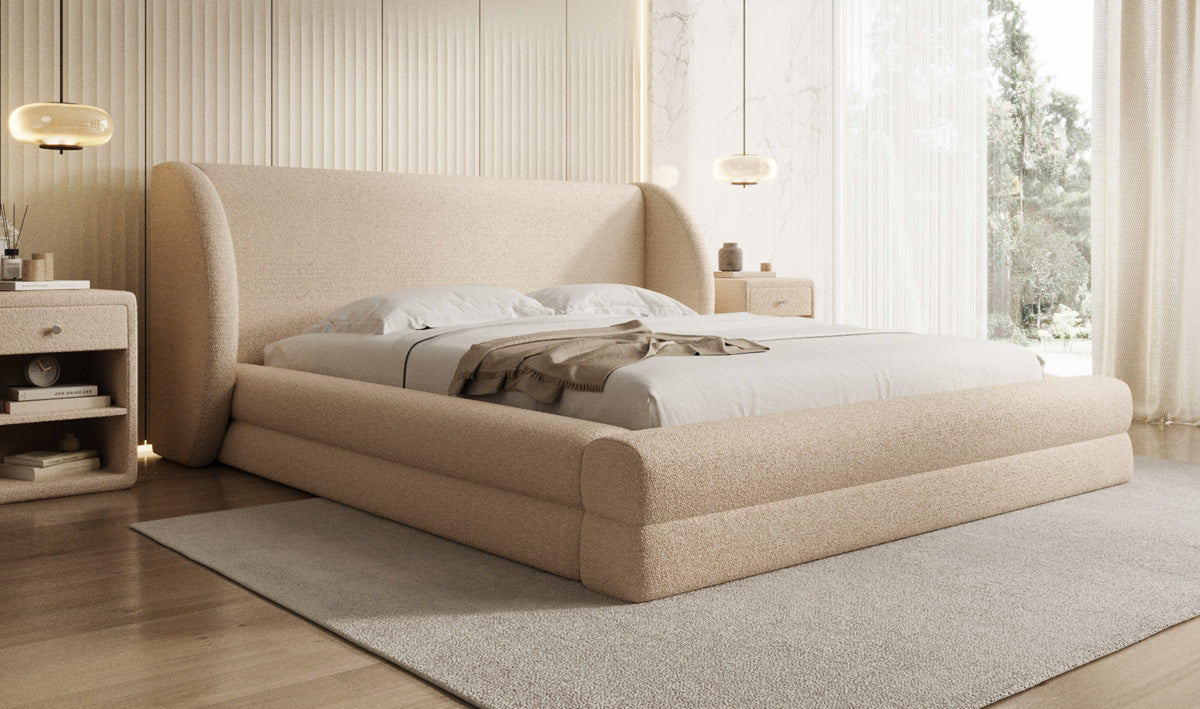 Designer upholstered bed Liv in teddy bouclé with storage space