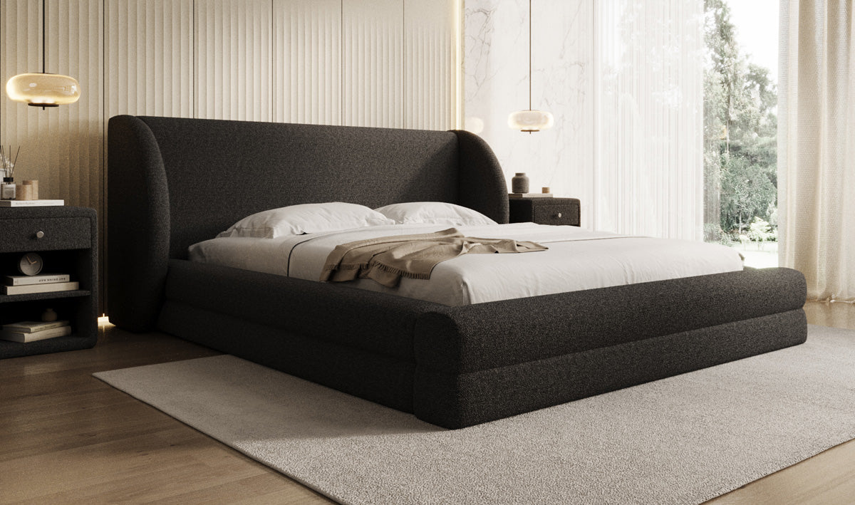 Designer upholstered bed Liv in teddy bouclé with storage space