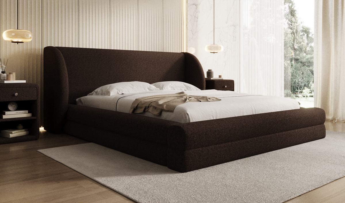 Designer upholstered bed Liv in teddy bouclé with storage space