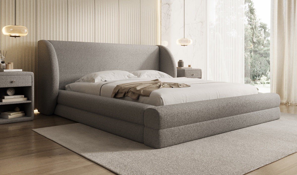 Designer upholstered bed Liv in teddy bouclé with storage space
