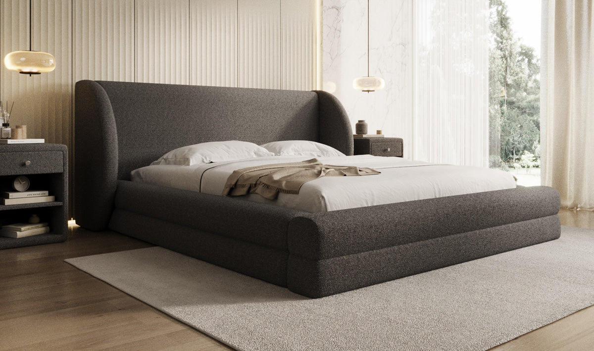 Designer upholstered bed Liv in teddy bouclé with storage space