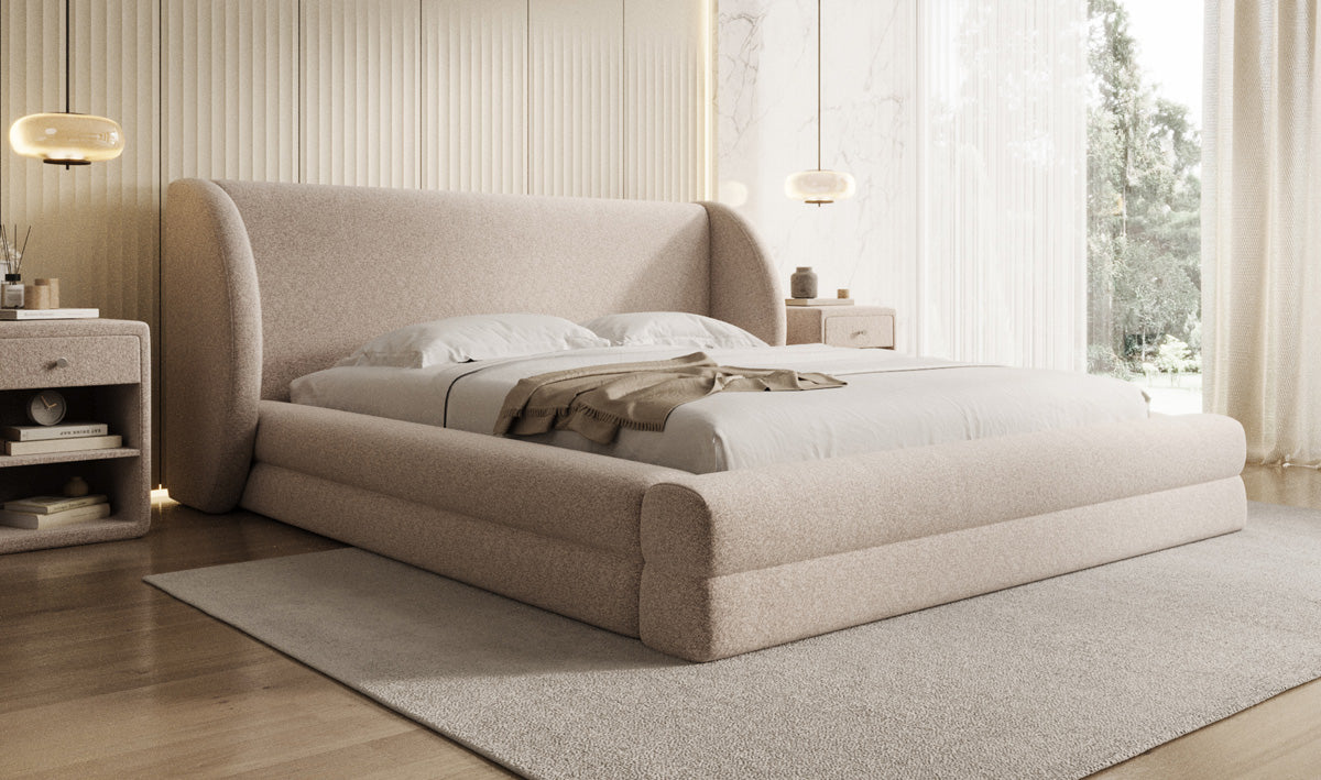 Designer Upholstered Bed Liv in Textured Fabric with Storage