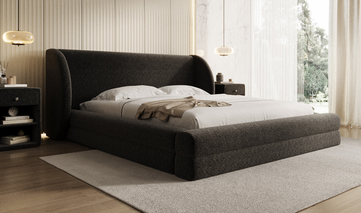 Designer Upholstered Bed Liv in Textured Fabric with Storage