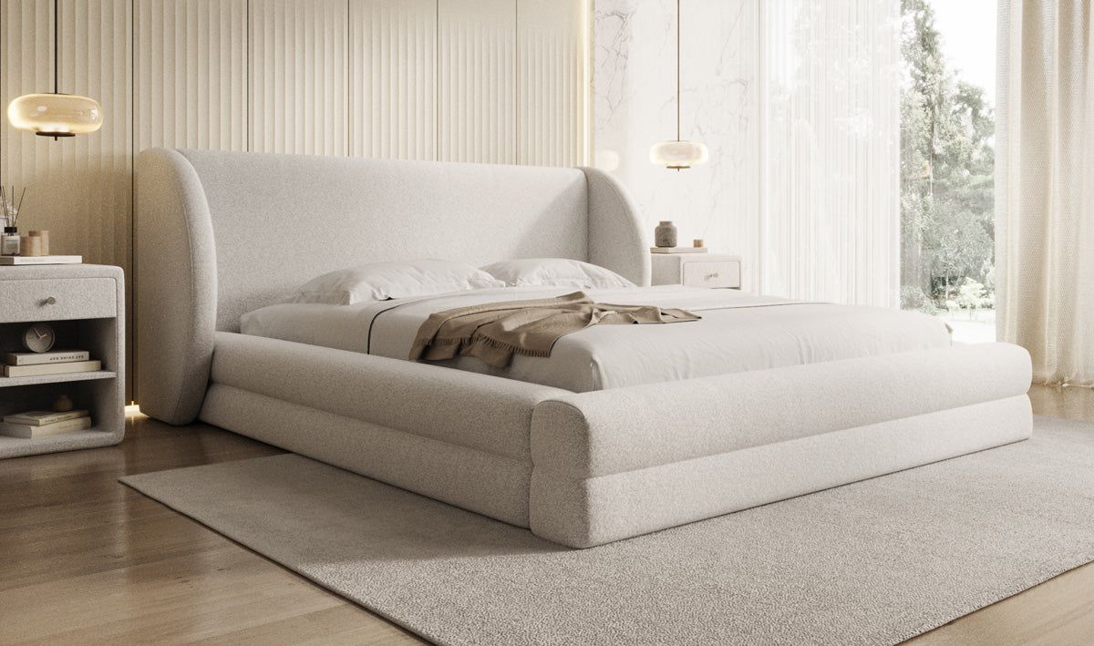 Designer Upholstered Bed Liv in Textured Fabric with Storage