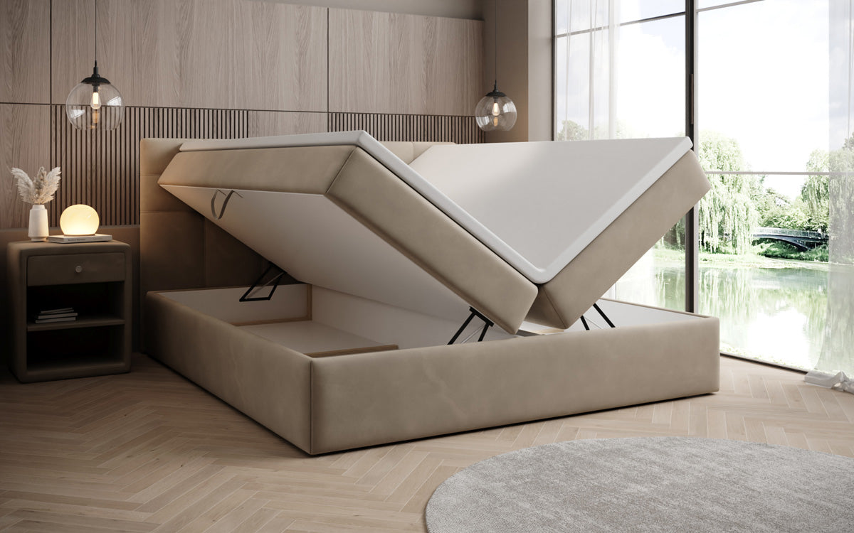 Lux velvet box spring bed with storage