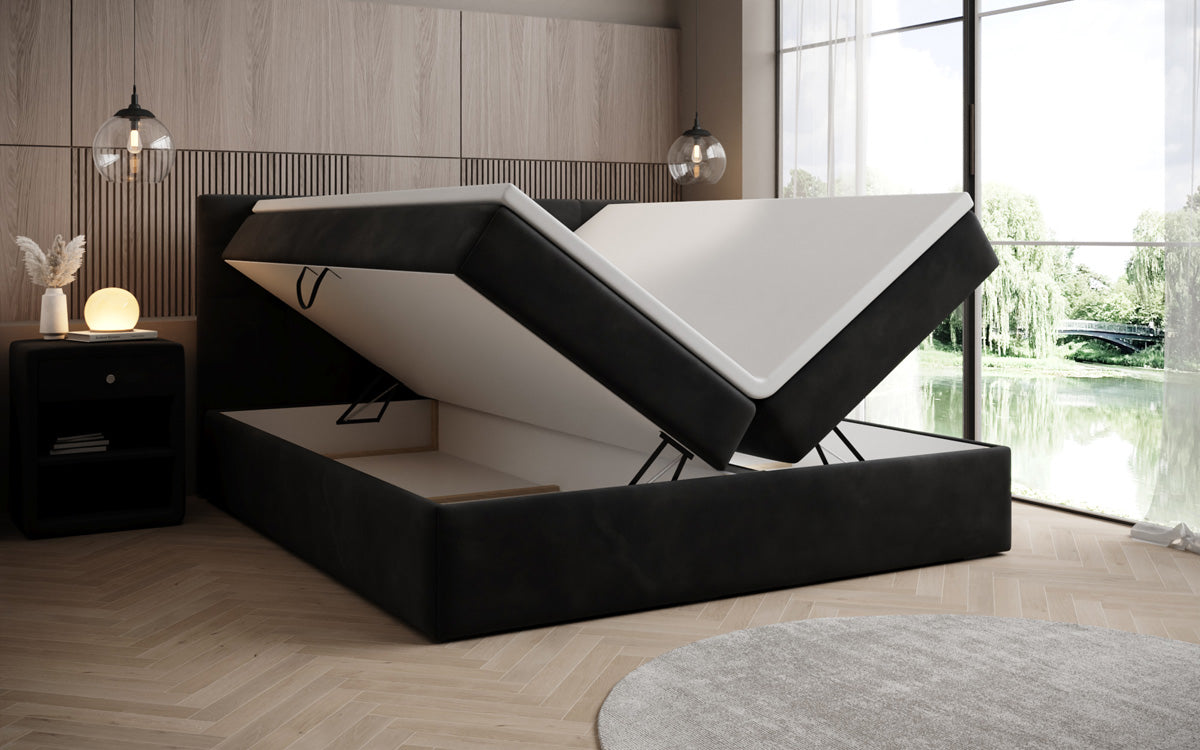 Lux velvet box spring bed with storage