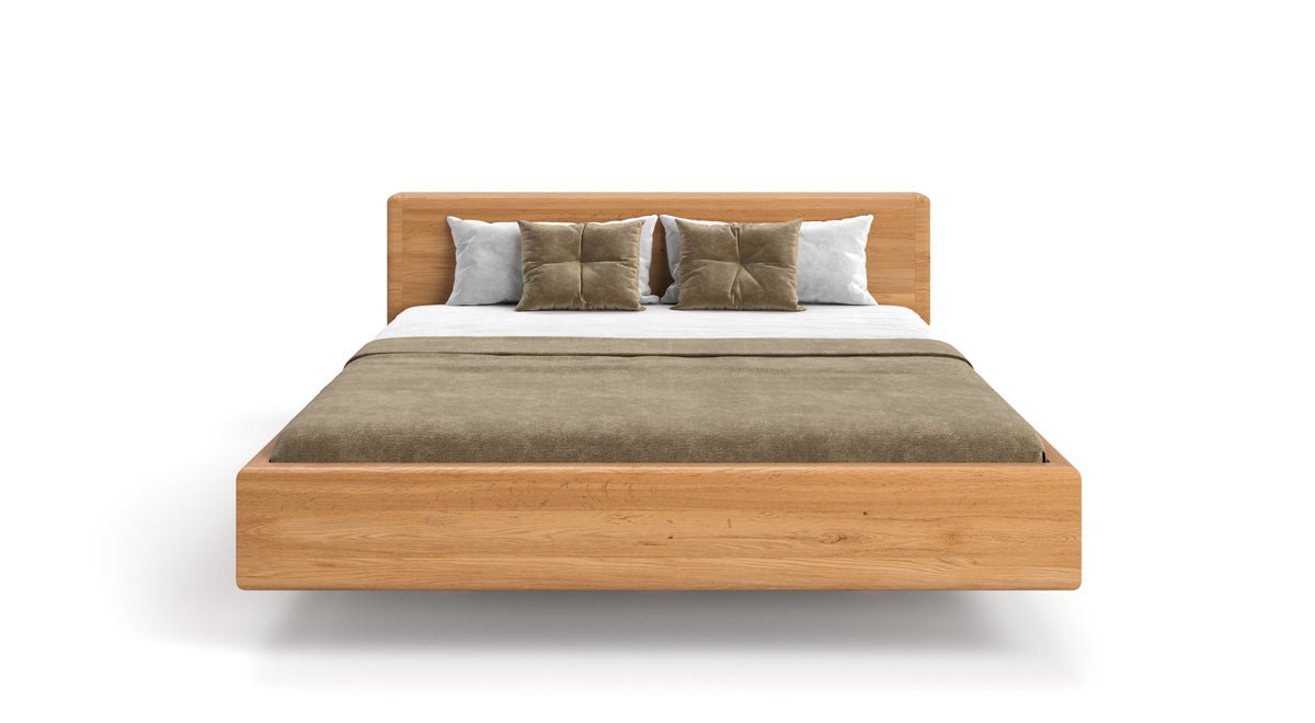 Designer wooden bed Arvelo made of solid Oak with floating appearance and straight headboard