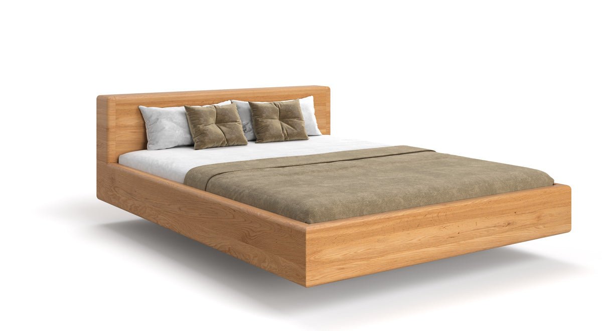 Designer wooden bed Arvelo made of solid Oak with floating appearance and straight headboard