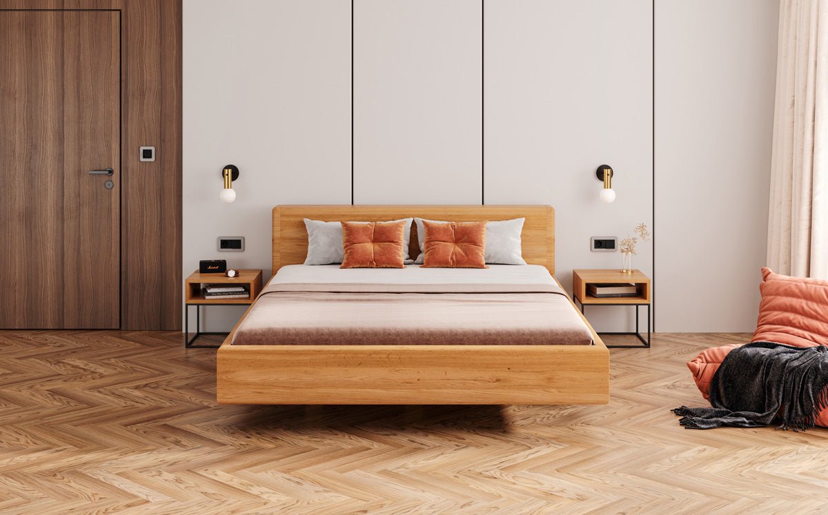Designer wooden bed Arvelo made of solid Oak with floating appearance and straight headboard