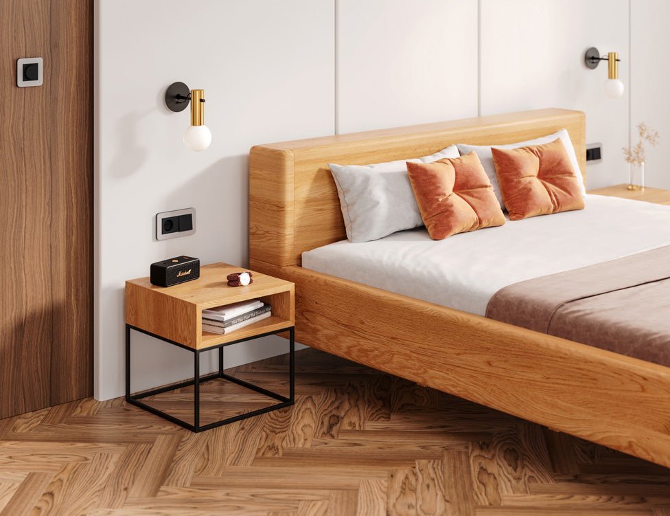 Designer wooden bed Arvelo made of solid Oak with floating appearance and straight headboard