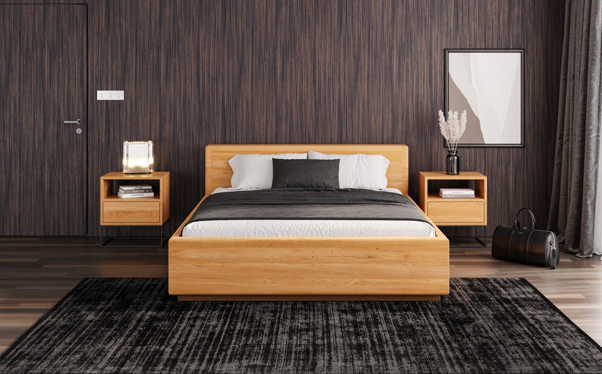 Designer wooden bed Calveno made of solid Oak with storage and straight headboard