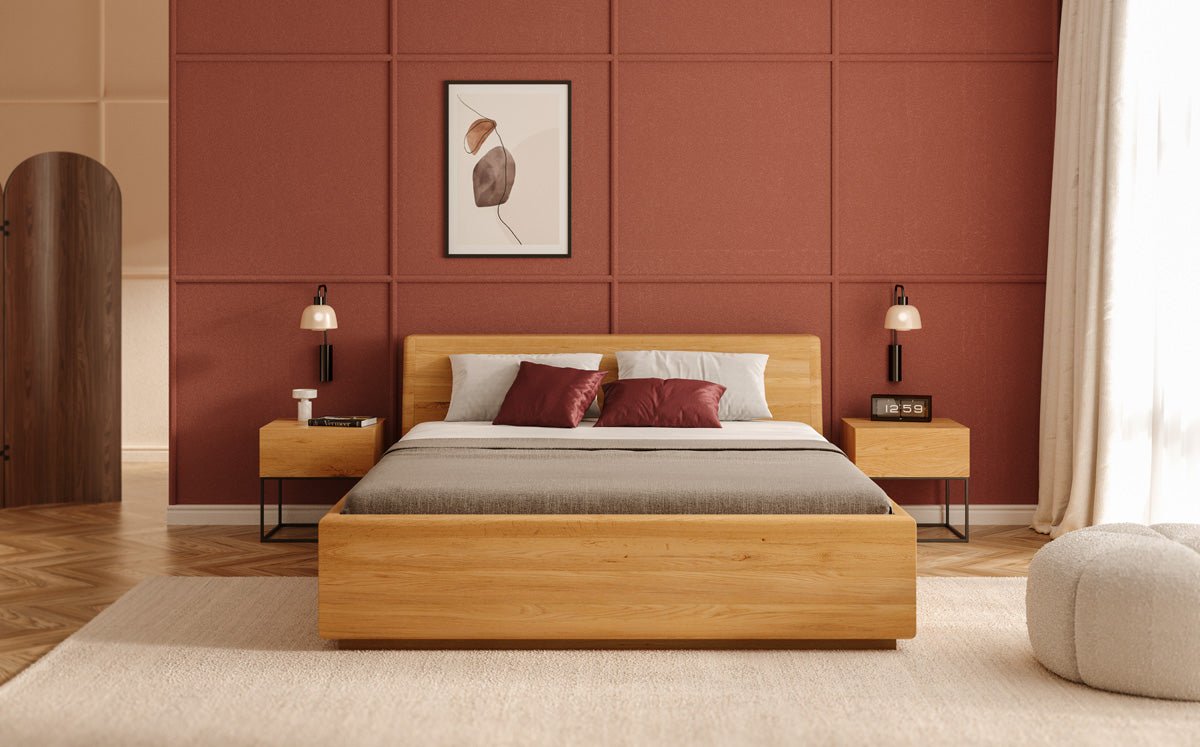 Designer wooden bed Calveno made of solid Oak with storage and slanted headboard