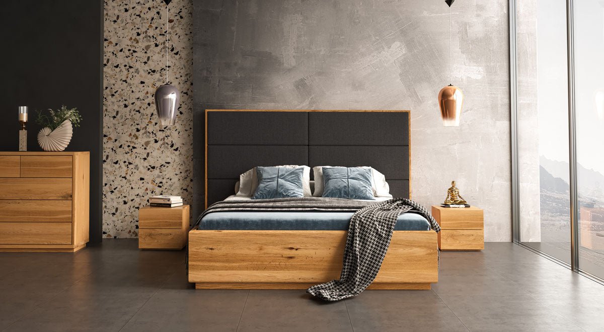 Designer wooden bed Valent made of solid oak with storage space