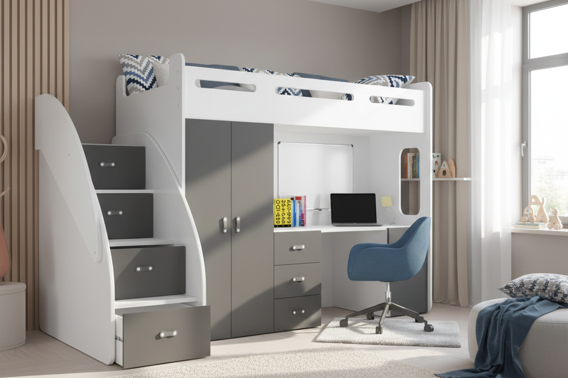 Kinderhochbett Study -  mit Schreibtisch, viel Stauraum & Matratze