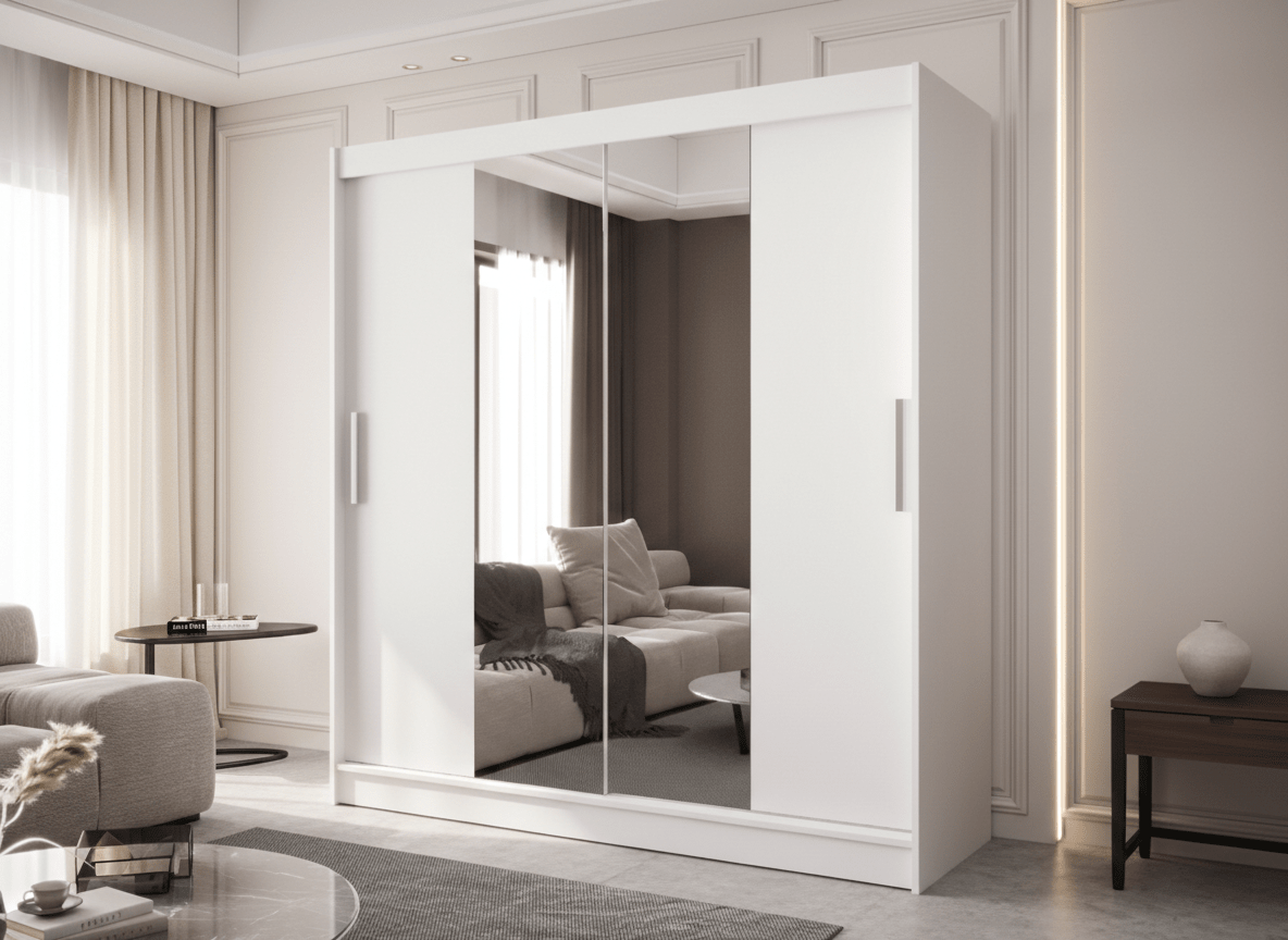 Designer Wardrobe Vireo – White or Black with Mirror Door and Sliding Doors