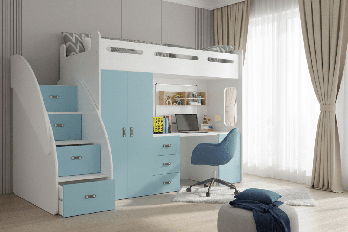 Kinderhochbett Study -  mit Schreibtisch, viel Stauraum & Matratze