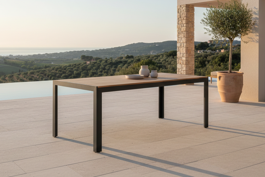Uzuri Garden Table - Rectangular Dining Table Made of Acacia Wood and Black Metal Frame