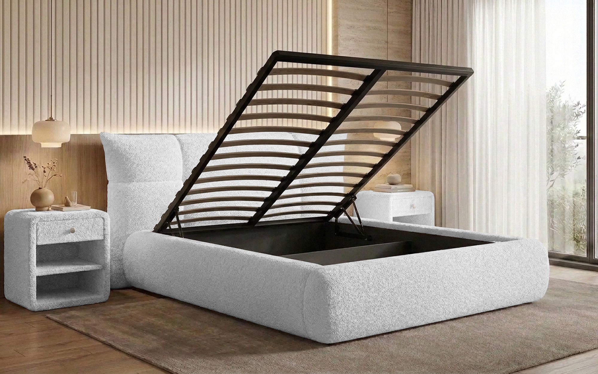 Designer upholstered bed Gioia in teddy bouclé with storage