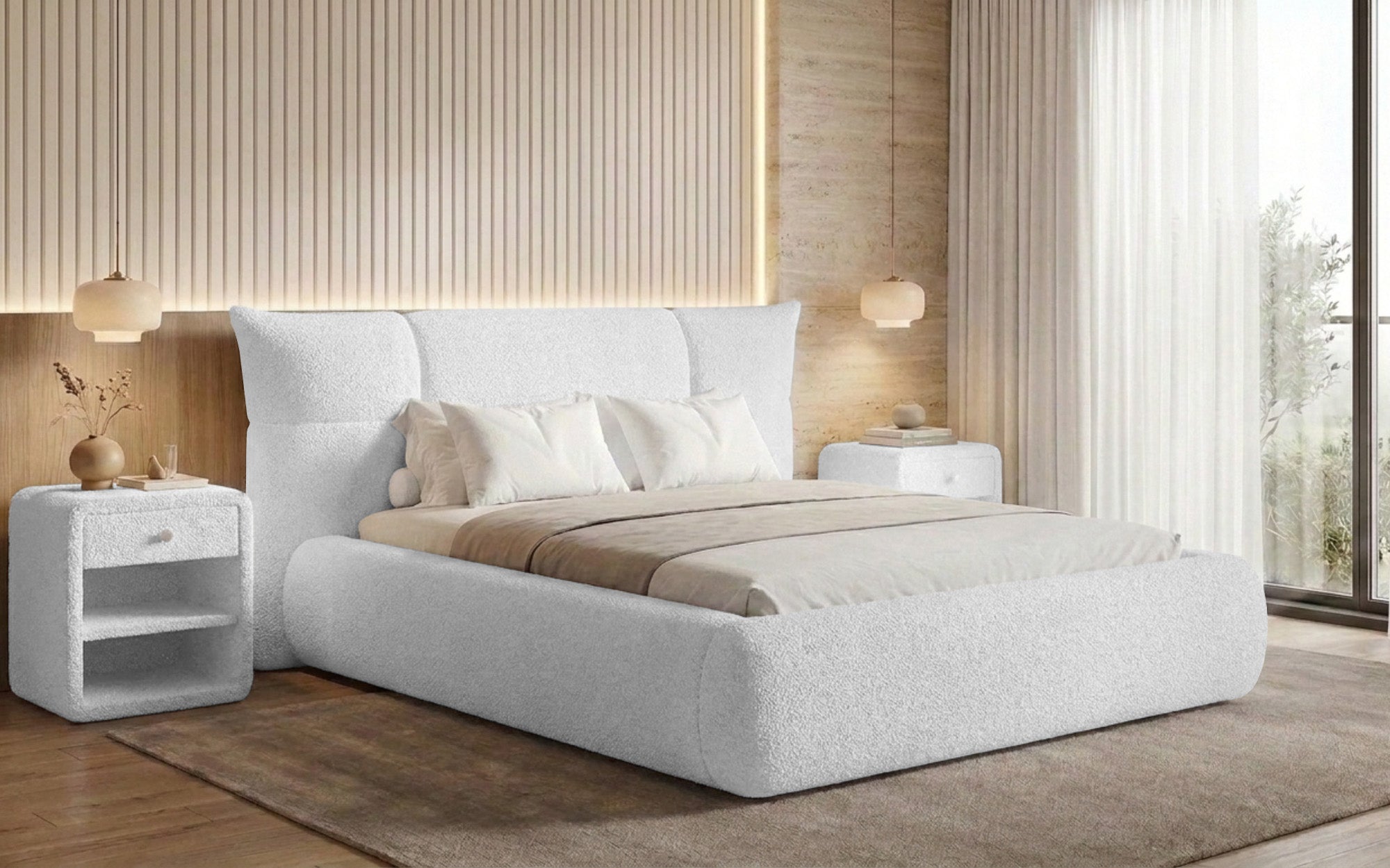 Designer upholstered bed Gioia in teddy bouclé with storage