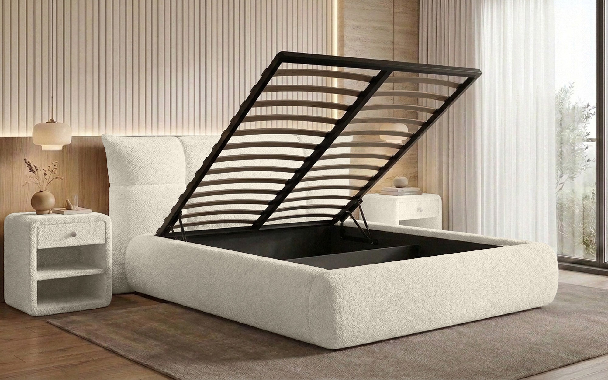 Designer upholstered bed Gioia in teddy bouclé with storage