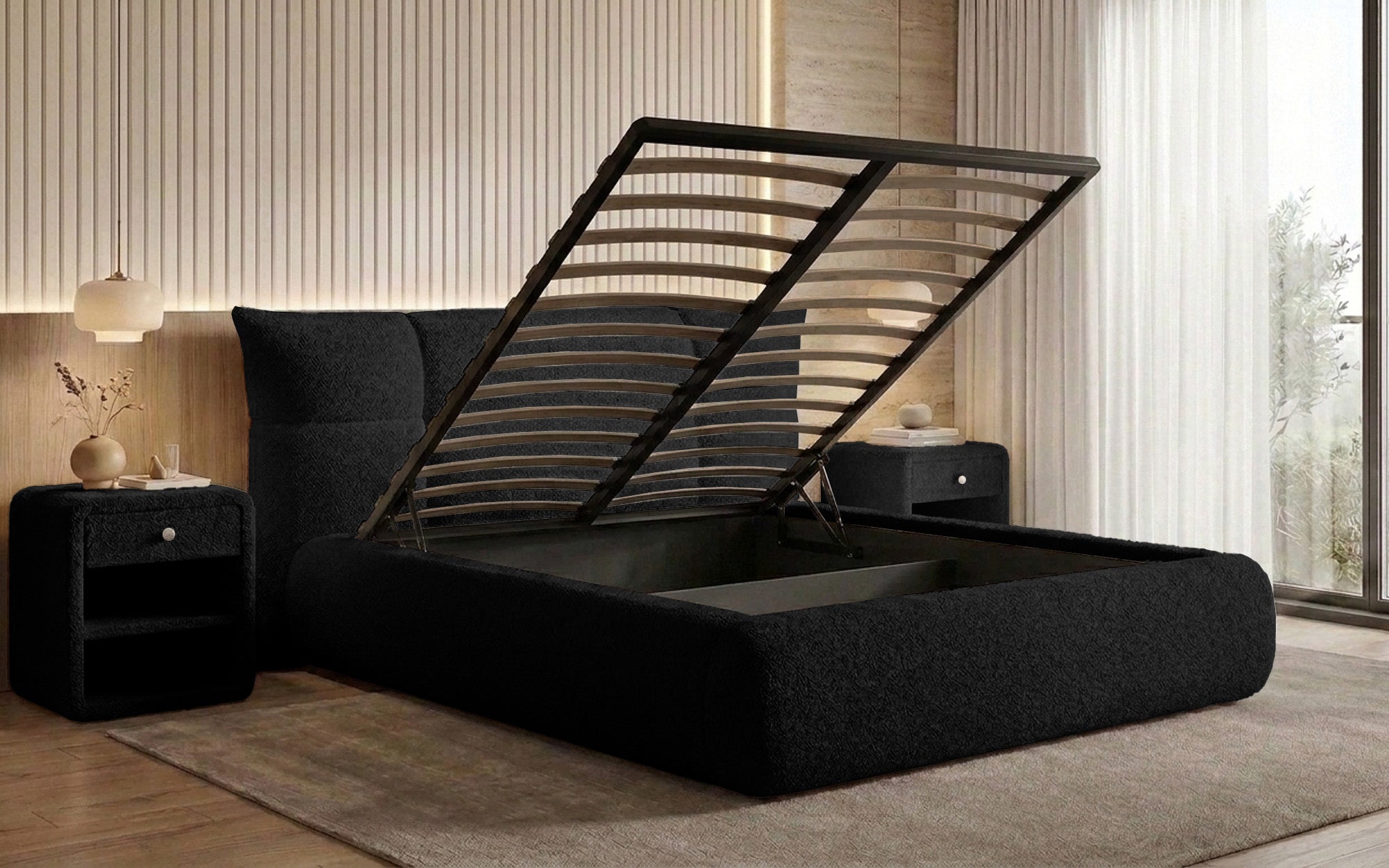 Designer upholstered bed Gioia in teddy bouclé with storage