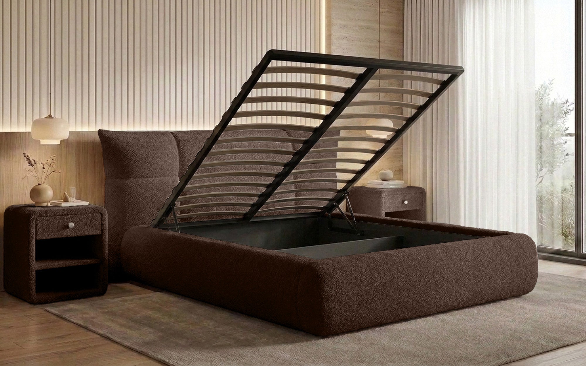 Designer upholstered bed Gioia in teddy bouclé with storage