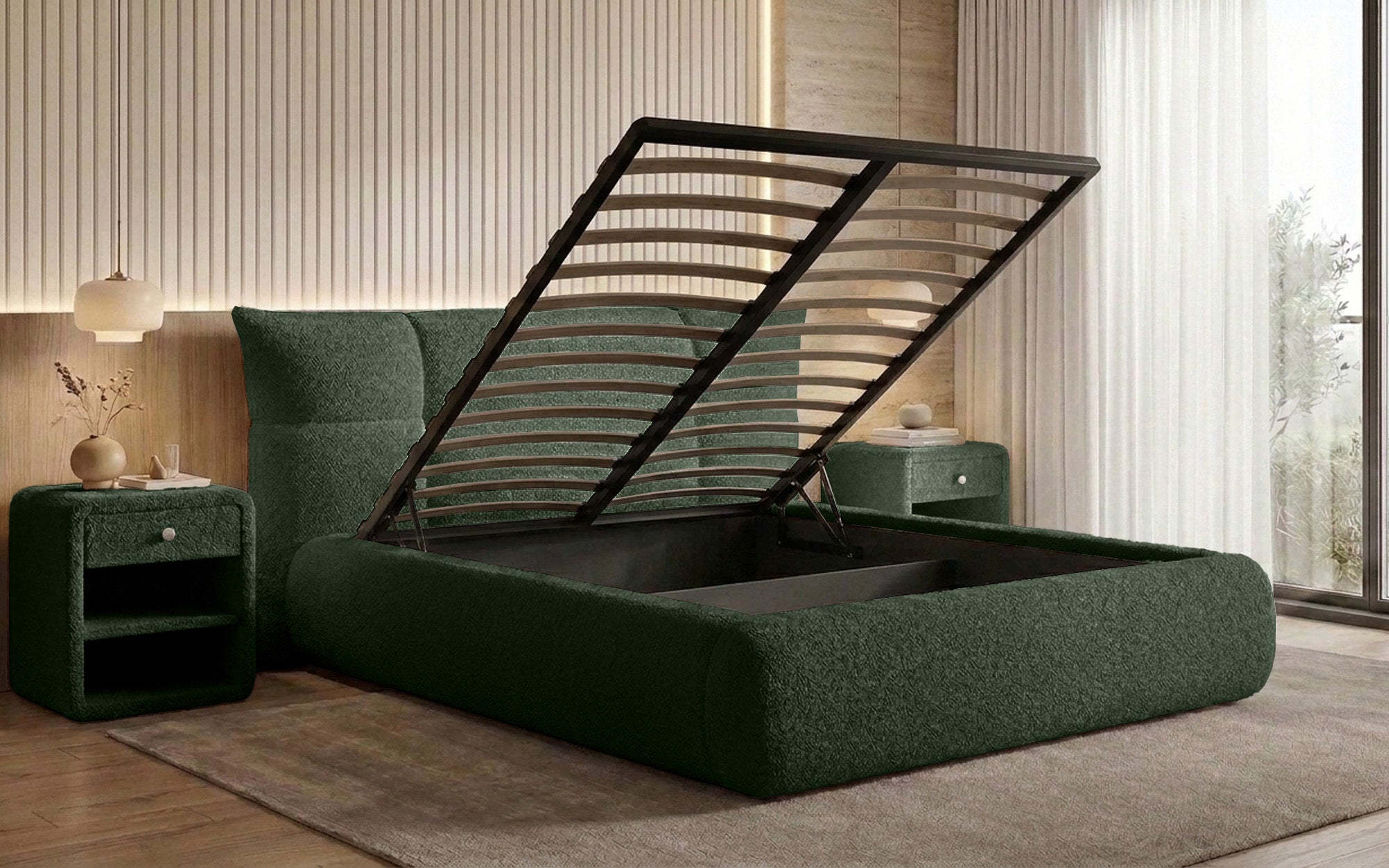 Designer upholstered bed Gioia in teddy bouclé with storage