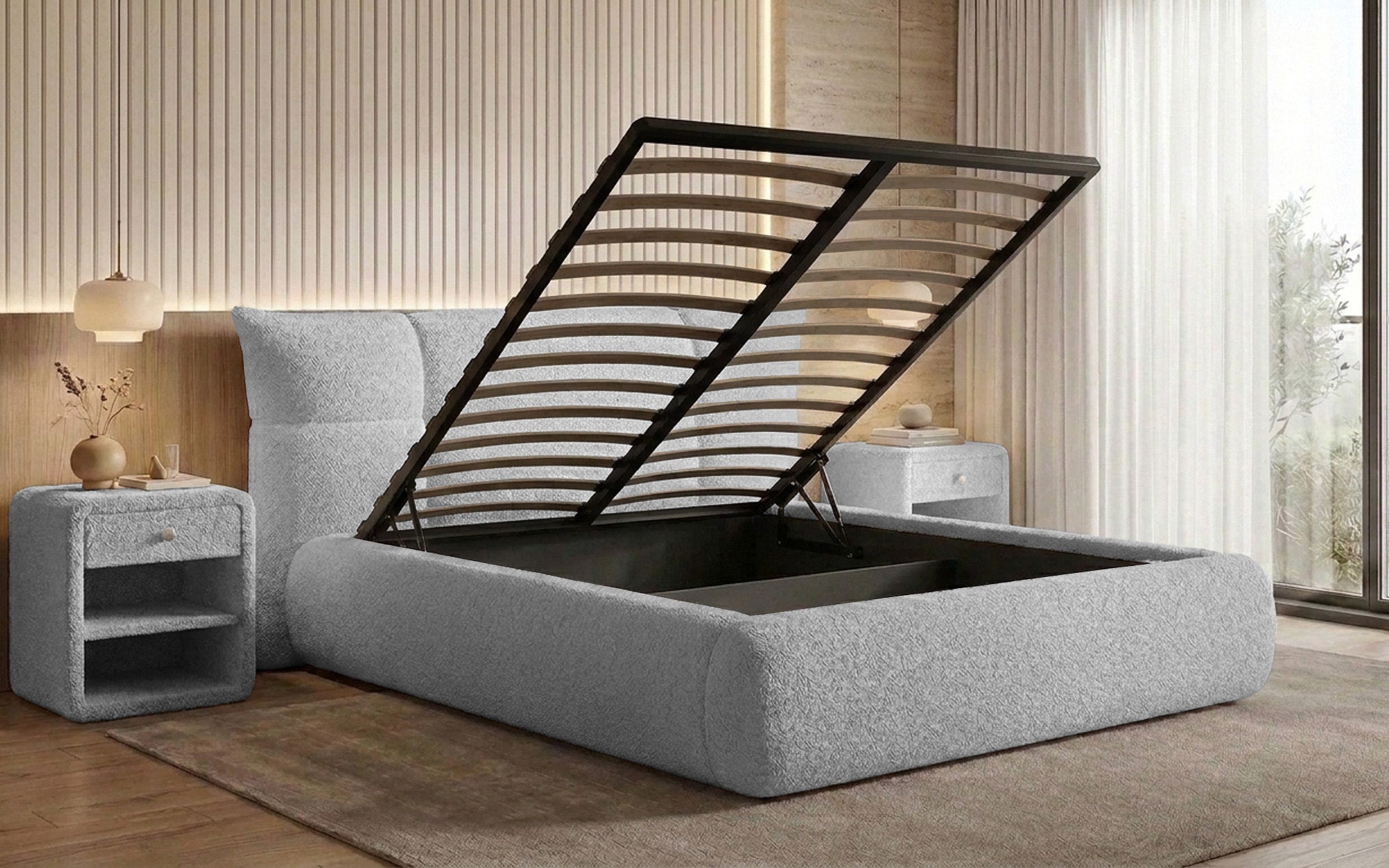 Designer upholstered bed Gioia in teddy bouclé with storage
