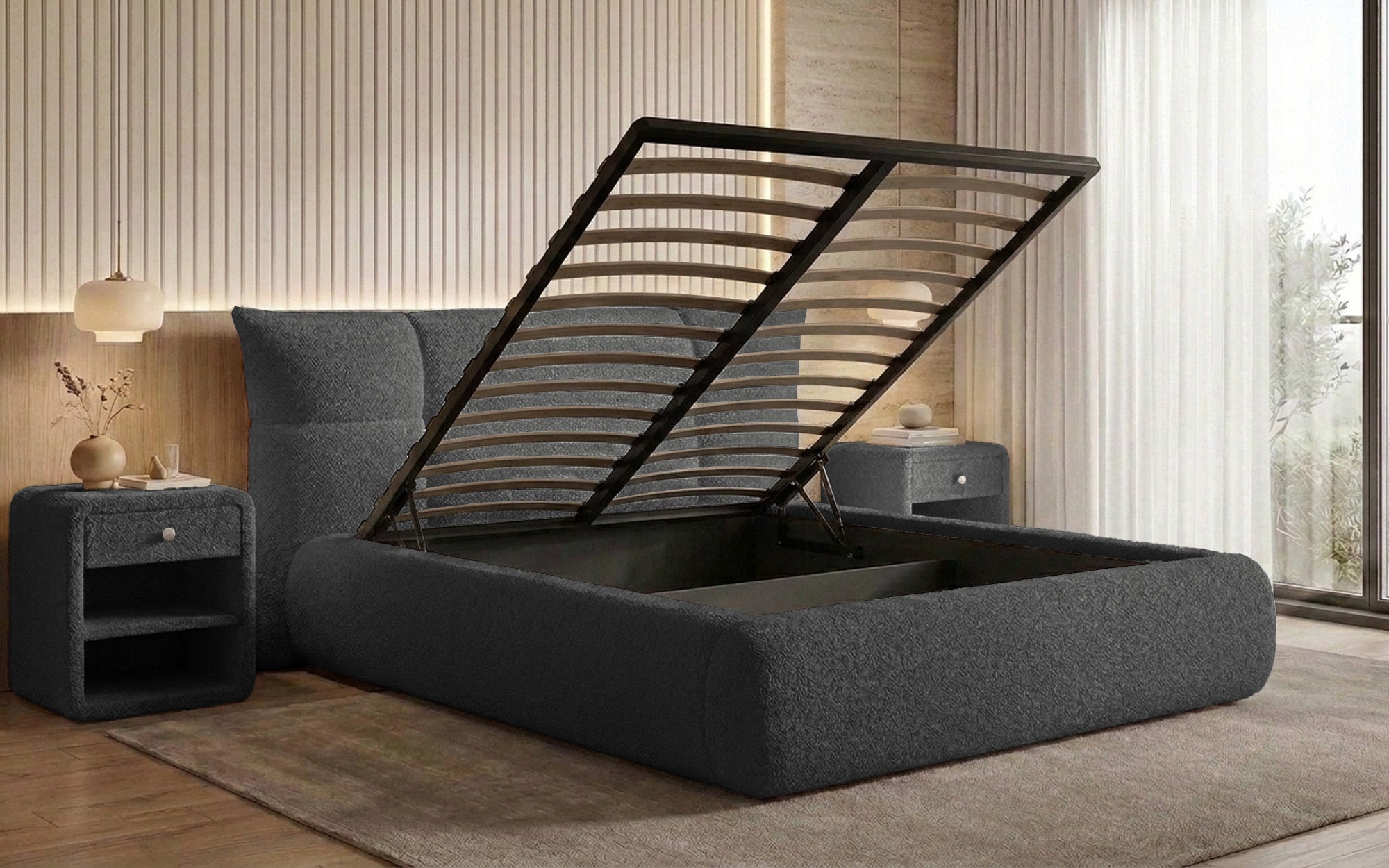 Designer upholstered bed Gioia in teddy bouclé with storage