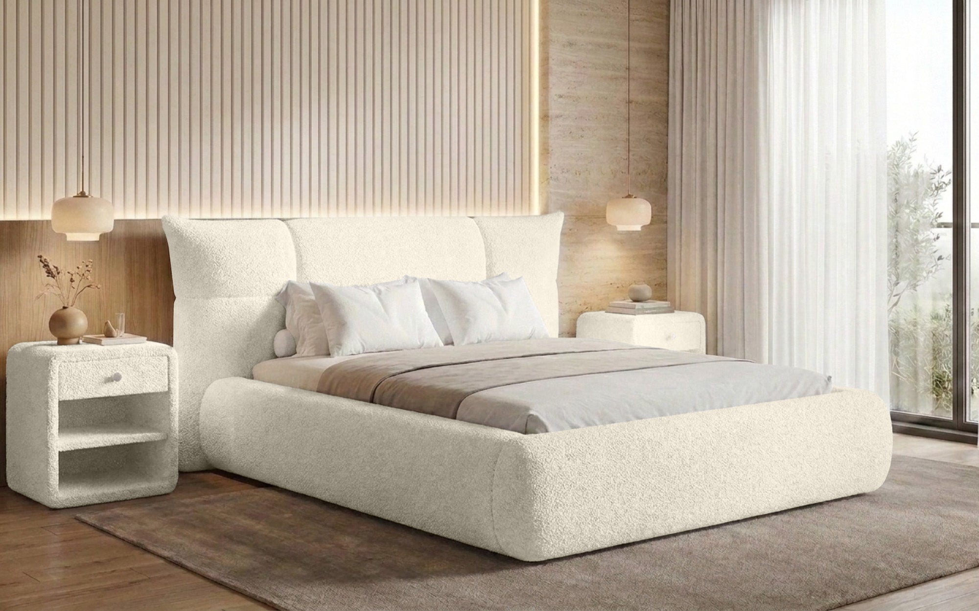 Designer upholstered bed Gioia in teddy bouclé with storage