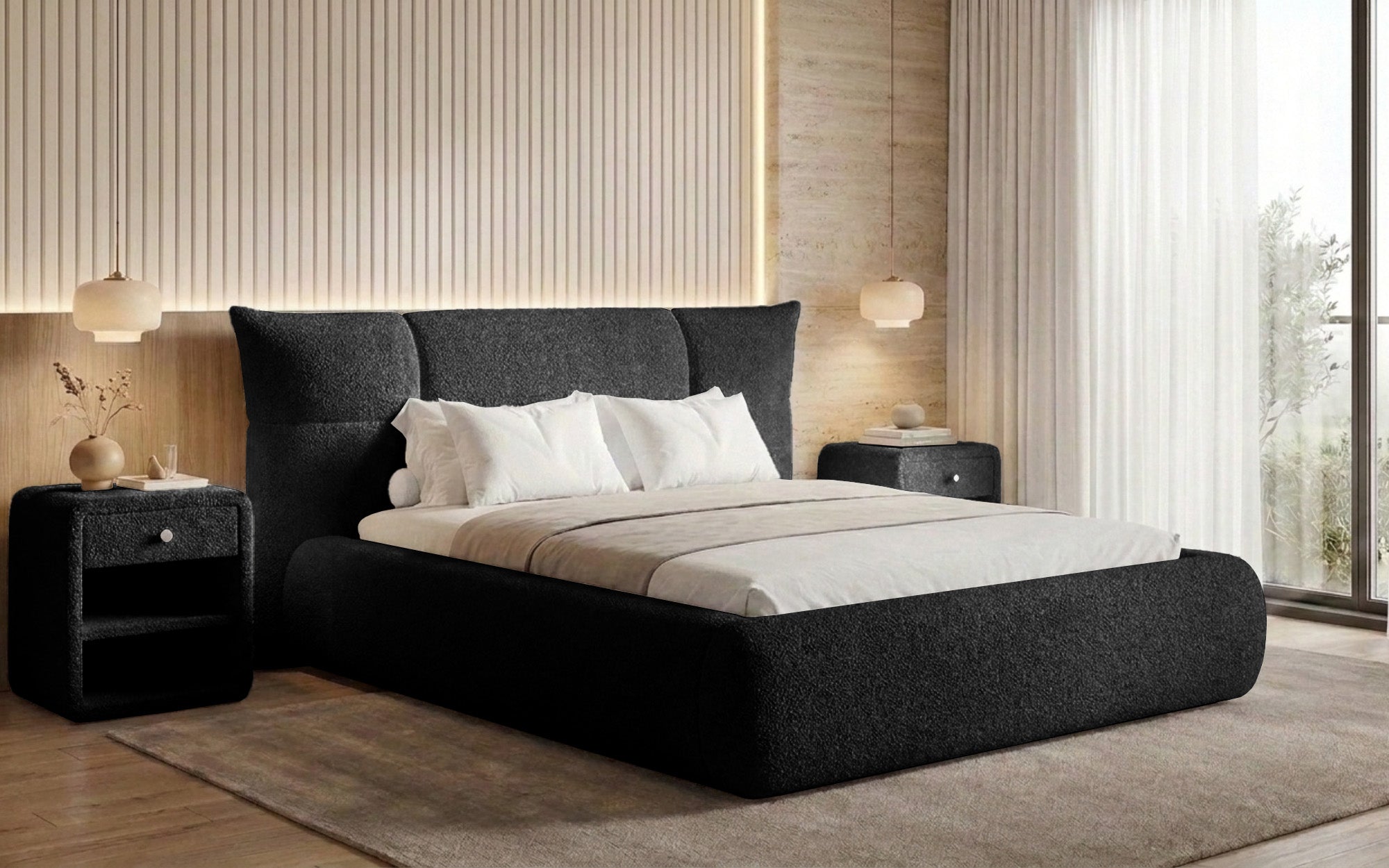 Designer upholstered bed Gioia in teddy bouclé with storage