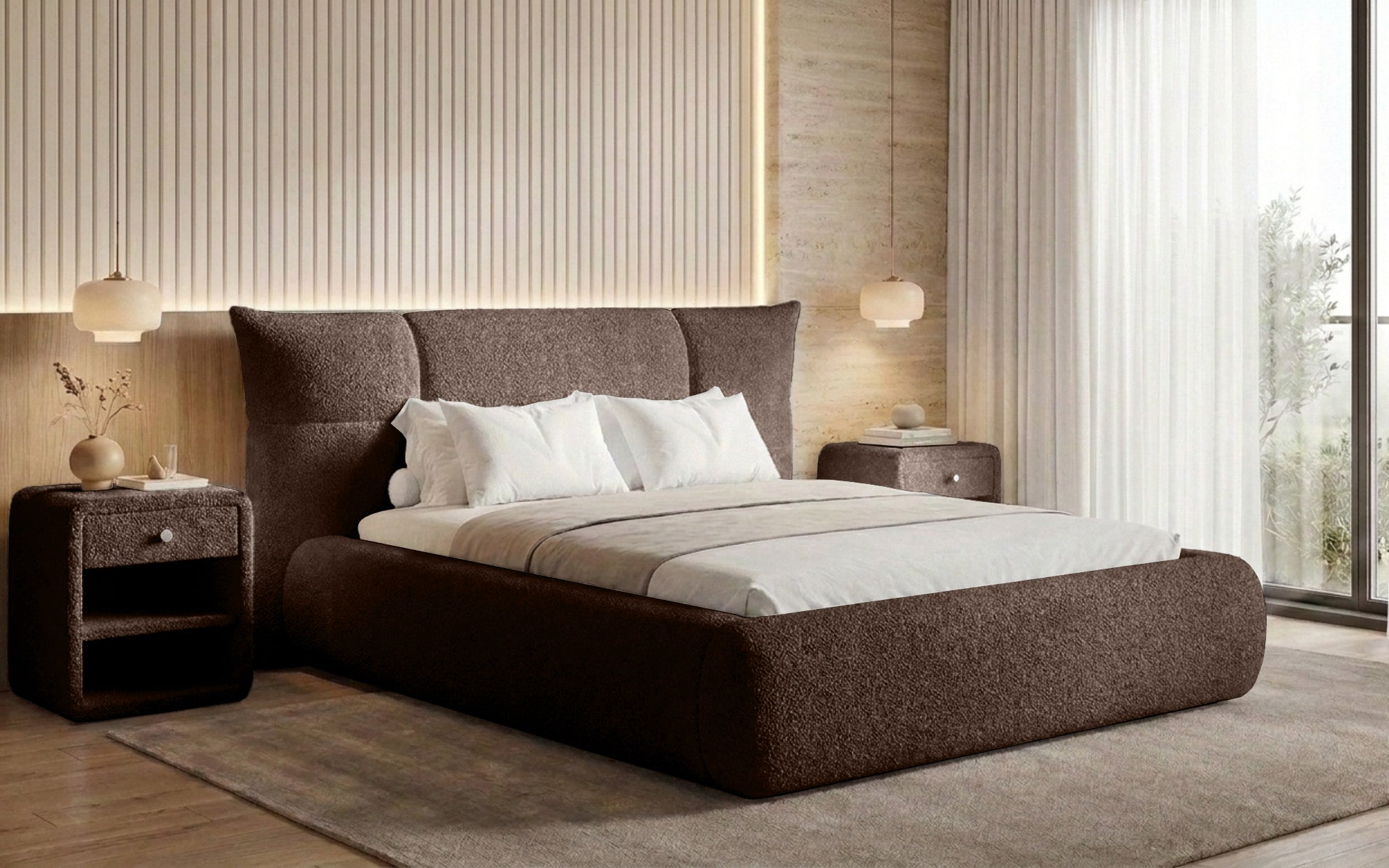 Designer upholstered bed Gioia in teddy bouclé with storage