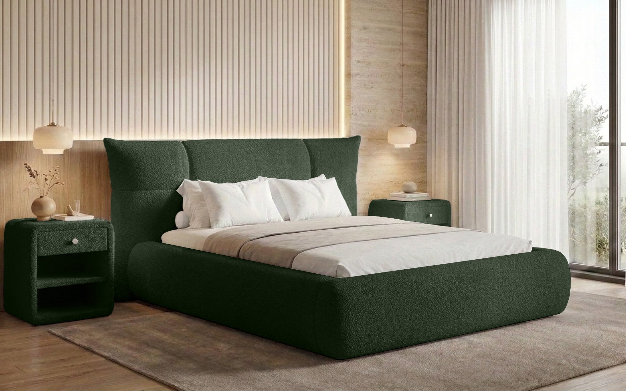 Designer upholstered bed Gioia in teddy bouclé with storage
