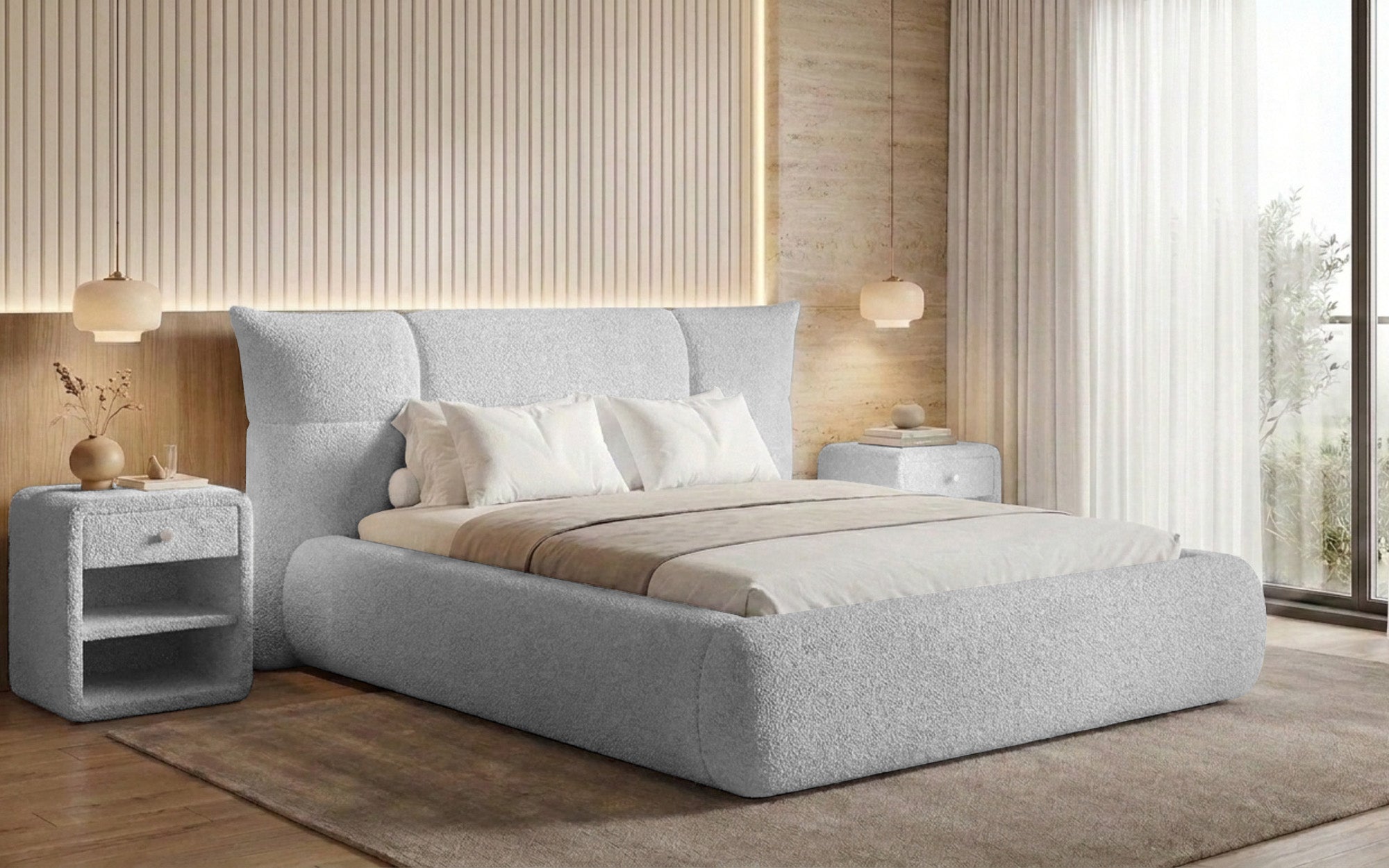 Designer upholstered bed Gioia in teddy bouclé with storage