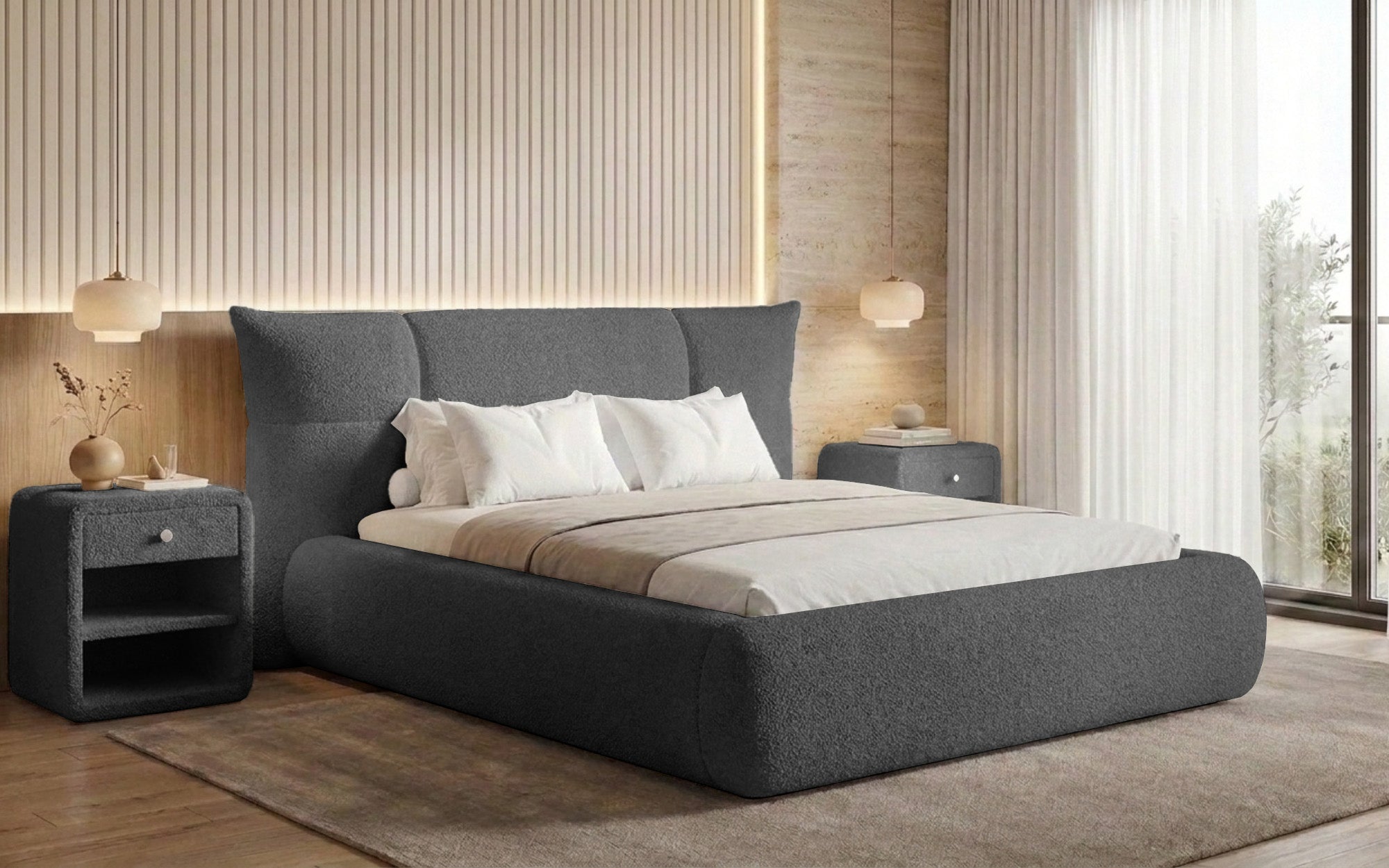 Designer upholstered bed Gioia in teddy bouclé with storage