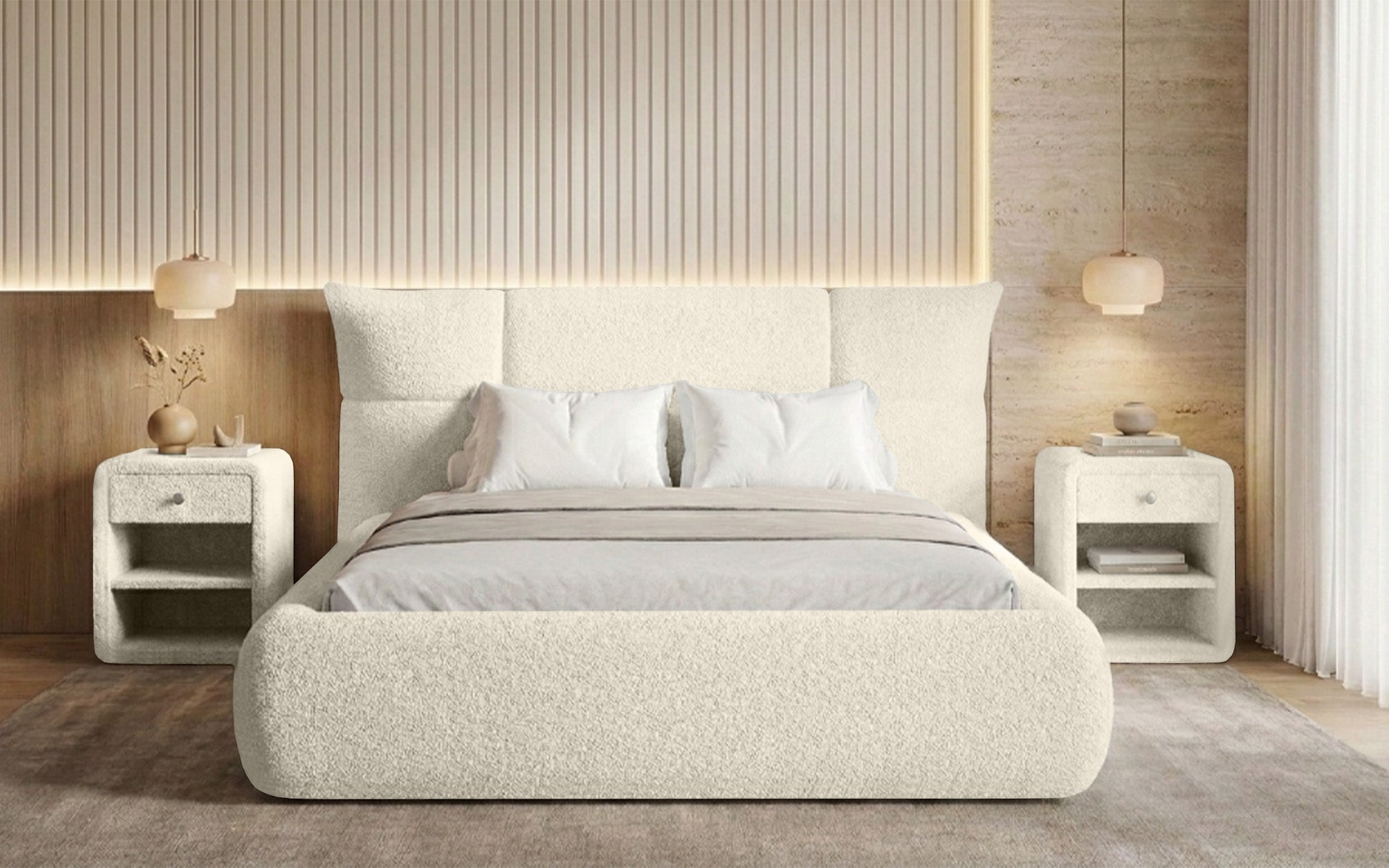 Designer upholstered bed Gioia in teddy bouclé with storage