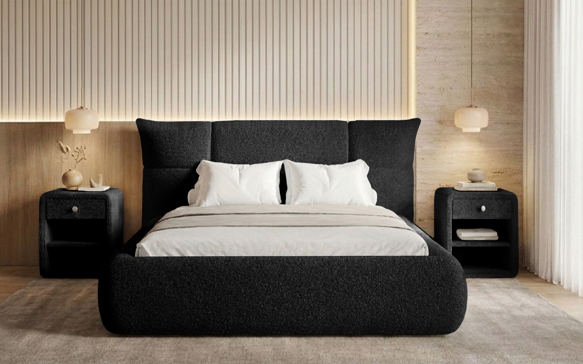 Designer upholstered bed Gioia in teddy bouclé with storage
