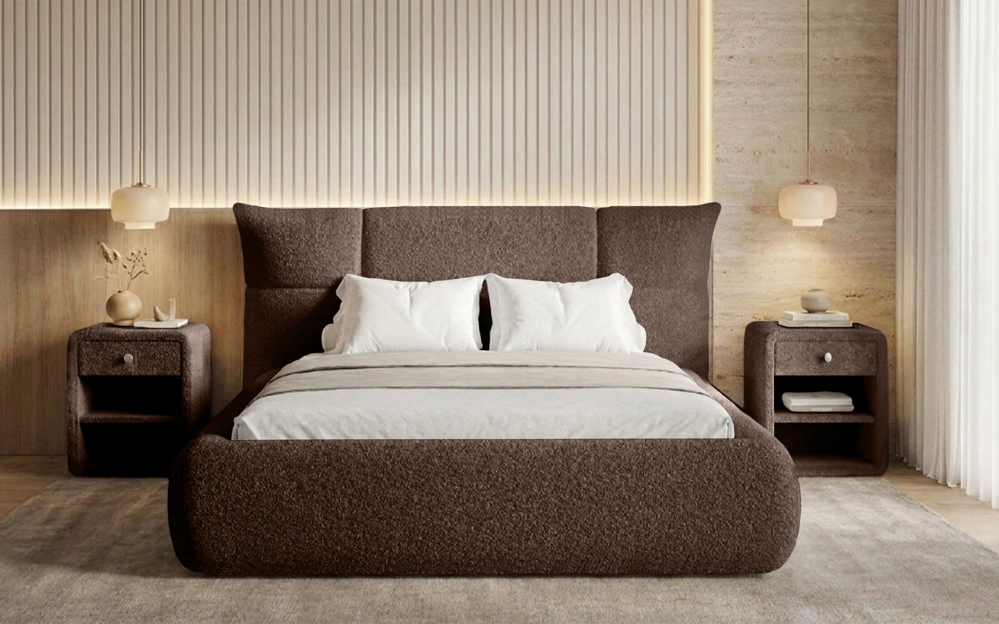 Designer upholstered bed Gioia in teddy bouclé with storage