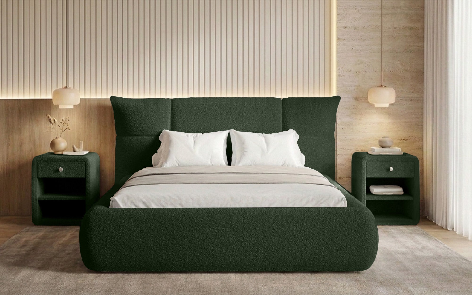 Designer upholstered bed Gioia in teddy bouclé with storage