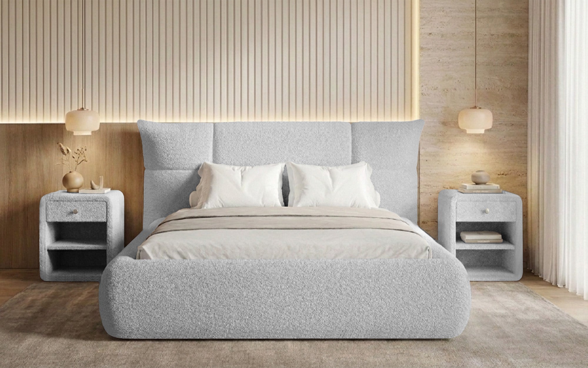 Designer upholstered bed Gioia in teddy bouclé with storage