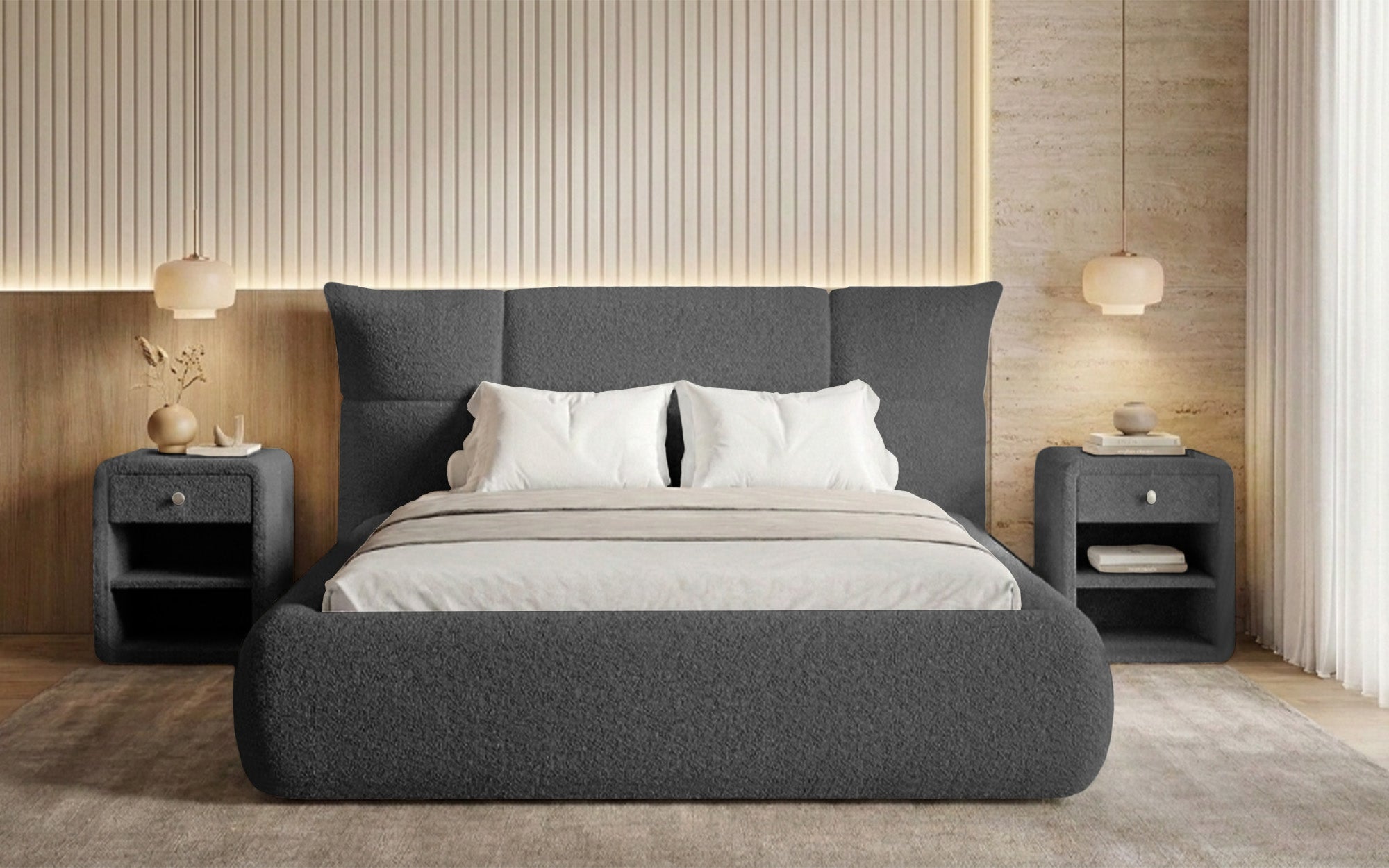 Designer upholstered bed Gioia in teddy bouclé with storage