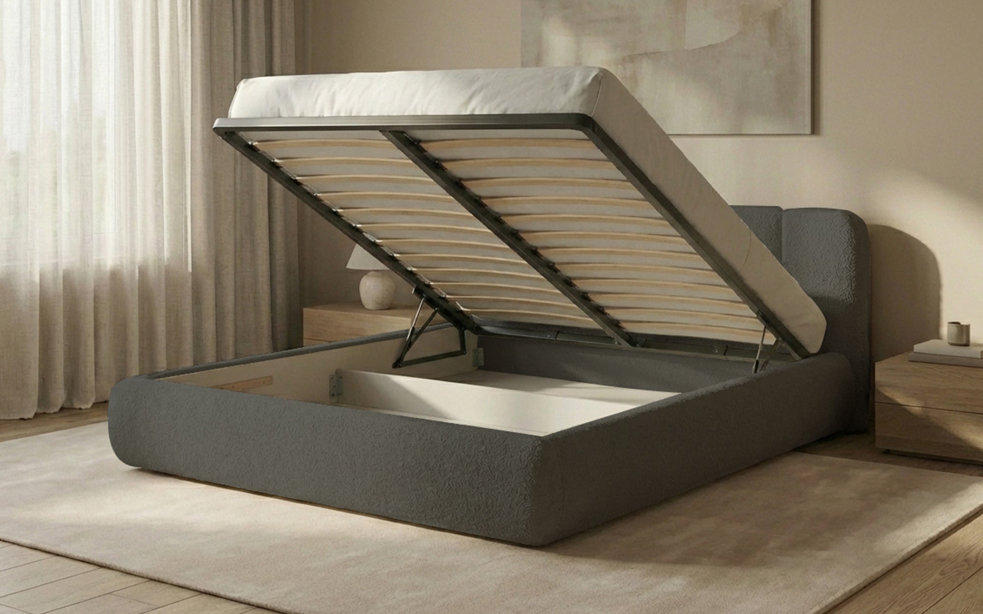 Designer Upholstered Bed Avelo in Bouclé with Storage