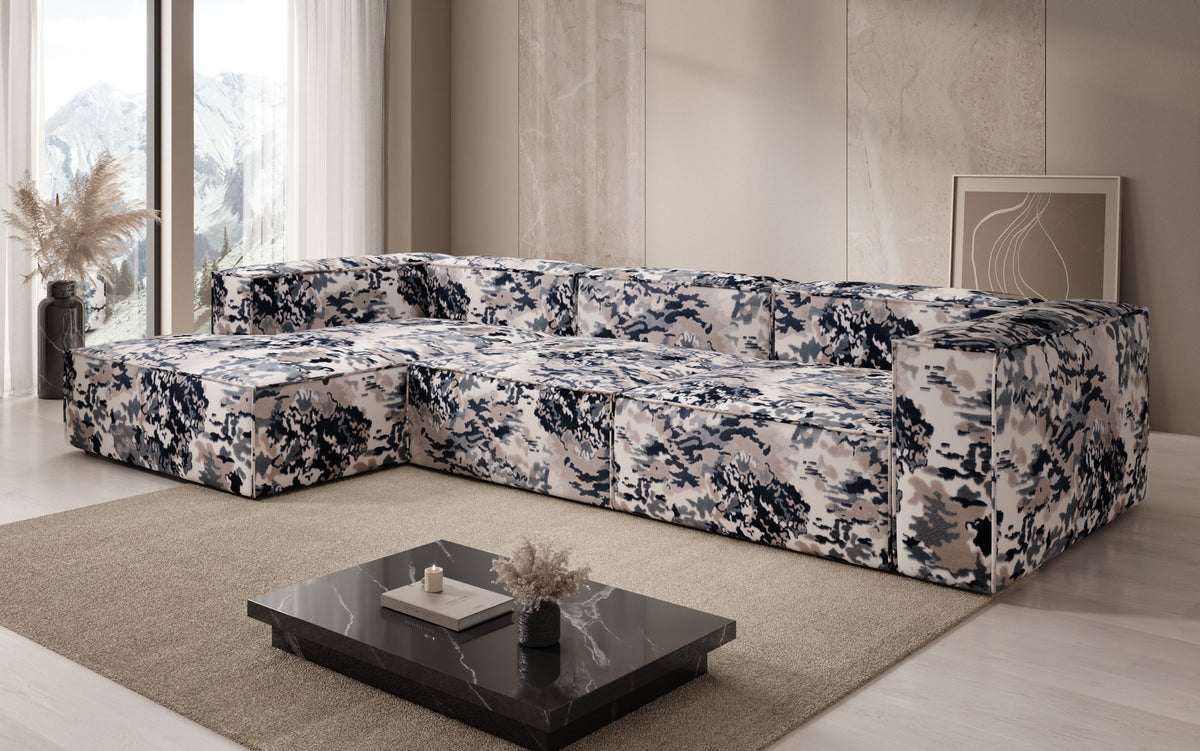 Designer corner sofa Lesley - jacquard with watercolor pattern