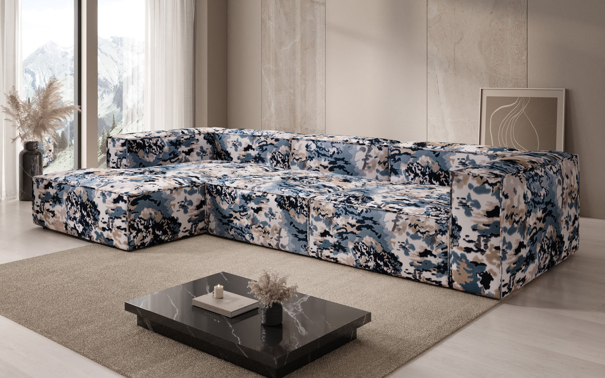 Designer corner sofa Lesley - jacquard with watercolor pattern