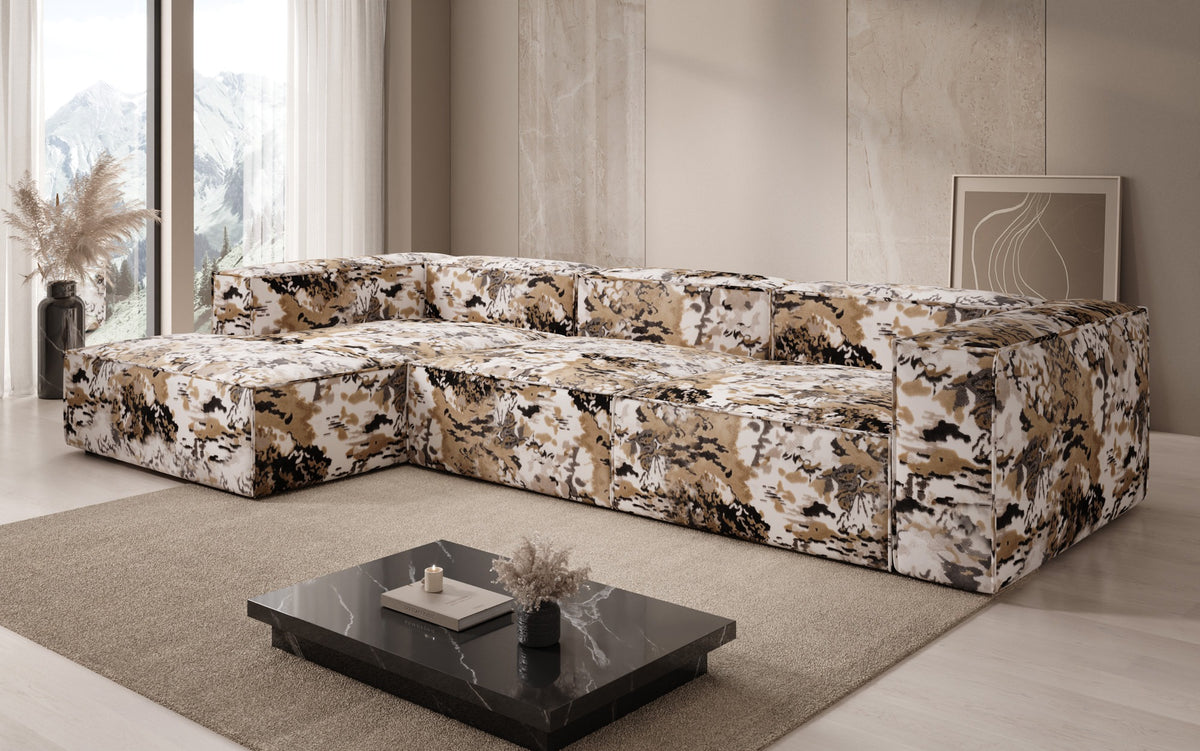 Designer corner sofa Lesley - jacquard with watercolor pattern